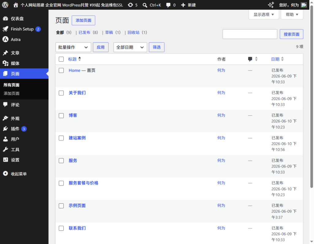 WordPress页面管理列表